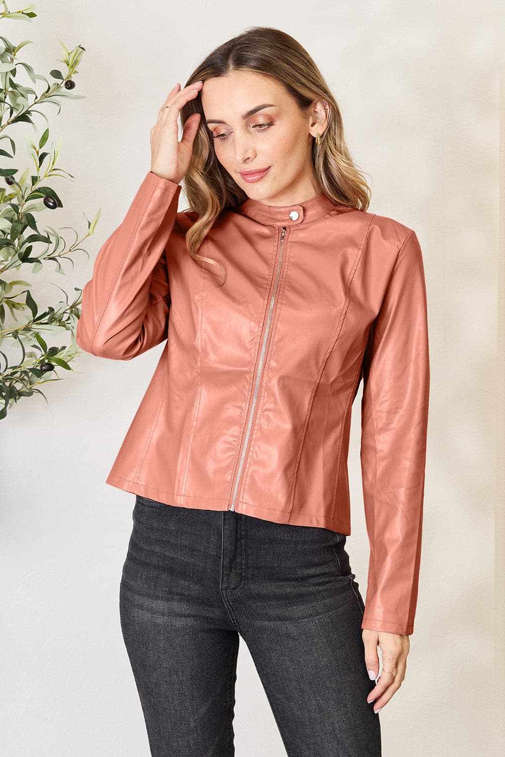 Trendsi Mock Neck Zip-Up Jacket Black