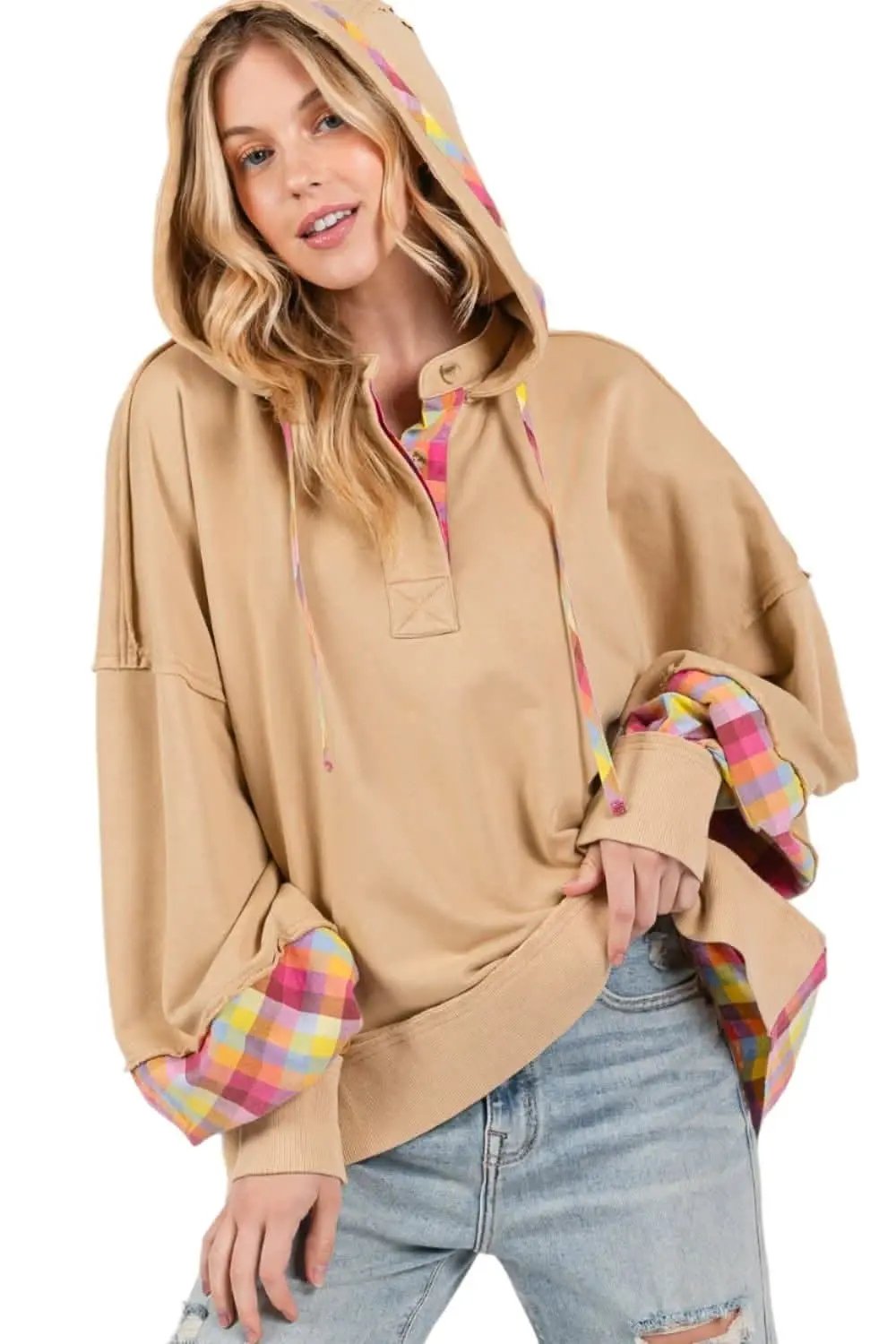 Jackets Trendsi SAGE+FIG Plaid Hoodie Women's Casual Comfy Washed Pullover
