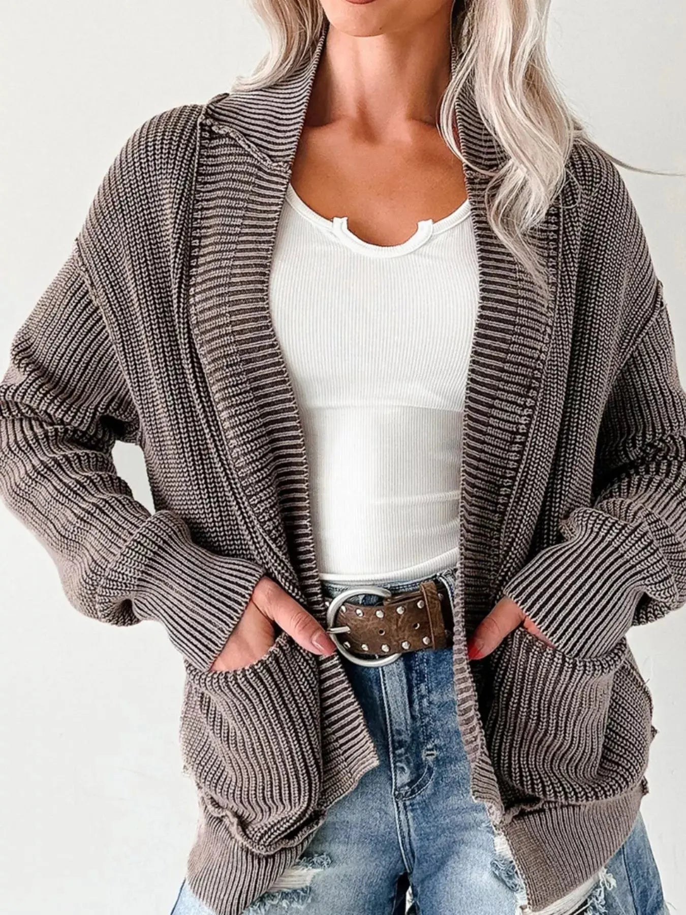 Mineral Wash Exposed Seam Patchwork Open Knit Cardigan