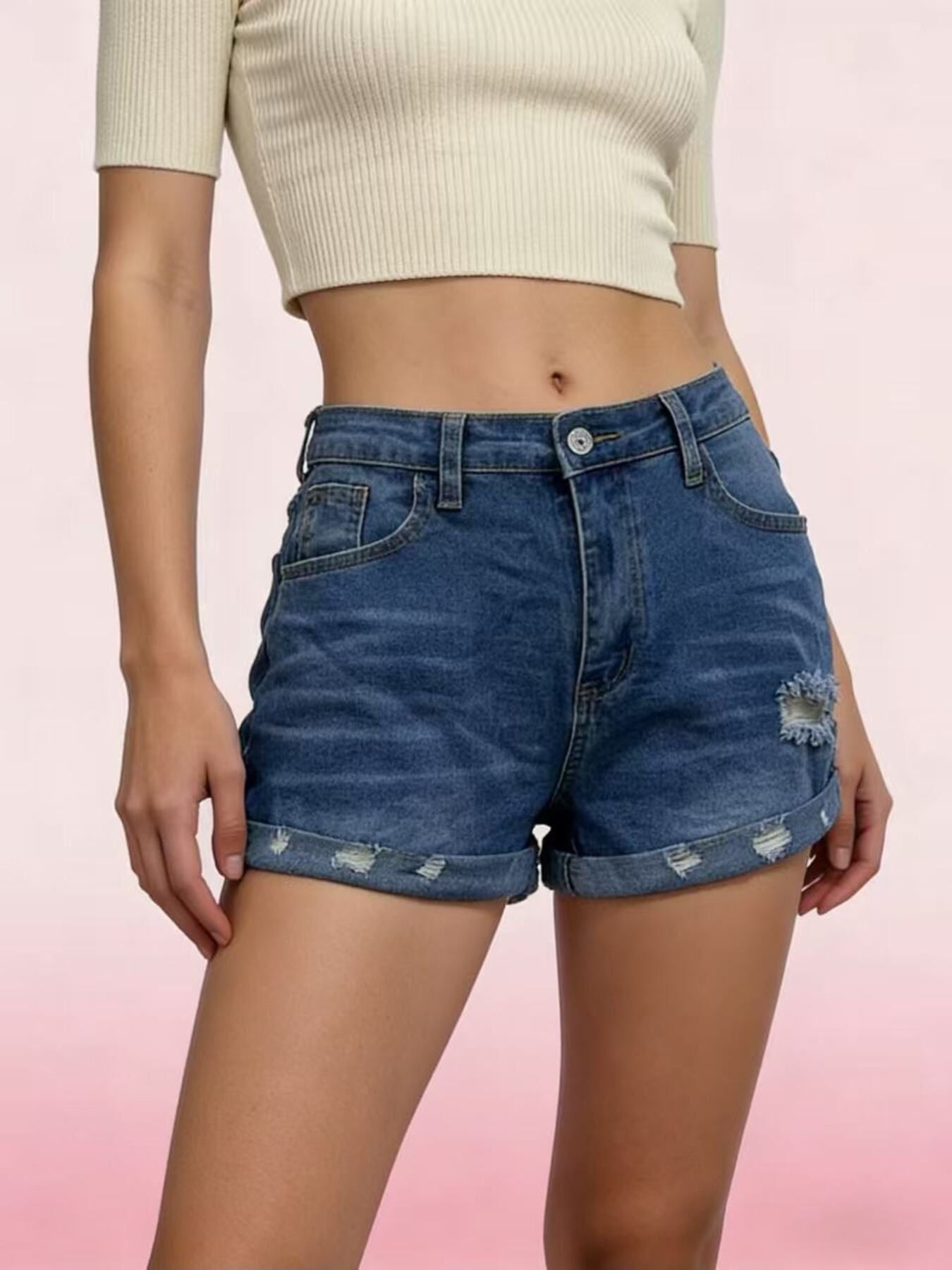 Distressed Denim Roll Up Shorts