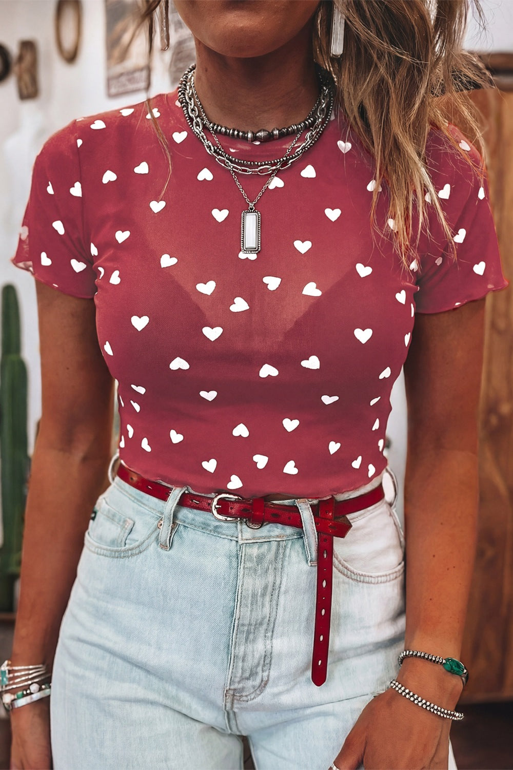 Women's Sheer Heart Print Fitted Mesh Blouse