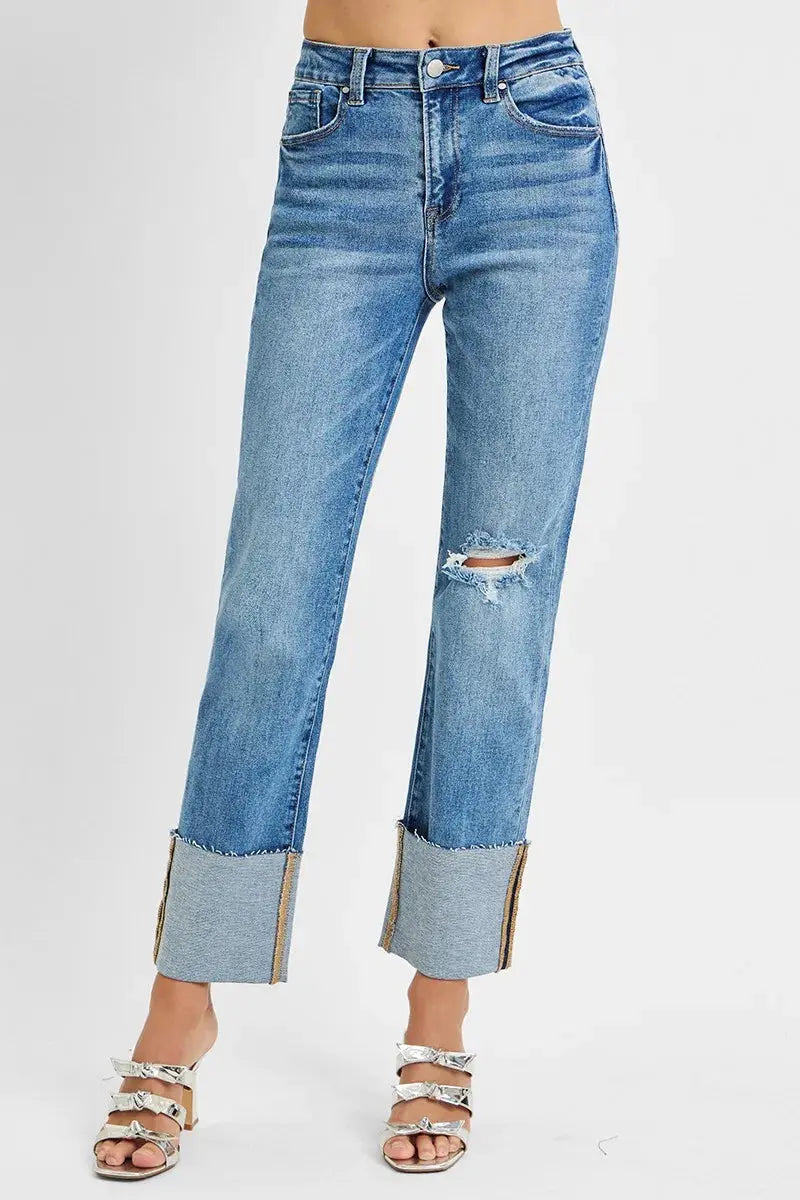 RISEN Jeans - Plus Size High Rise Straight Wide Cuffed Jeans