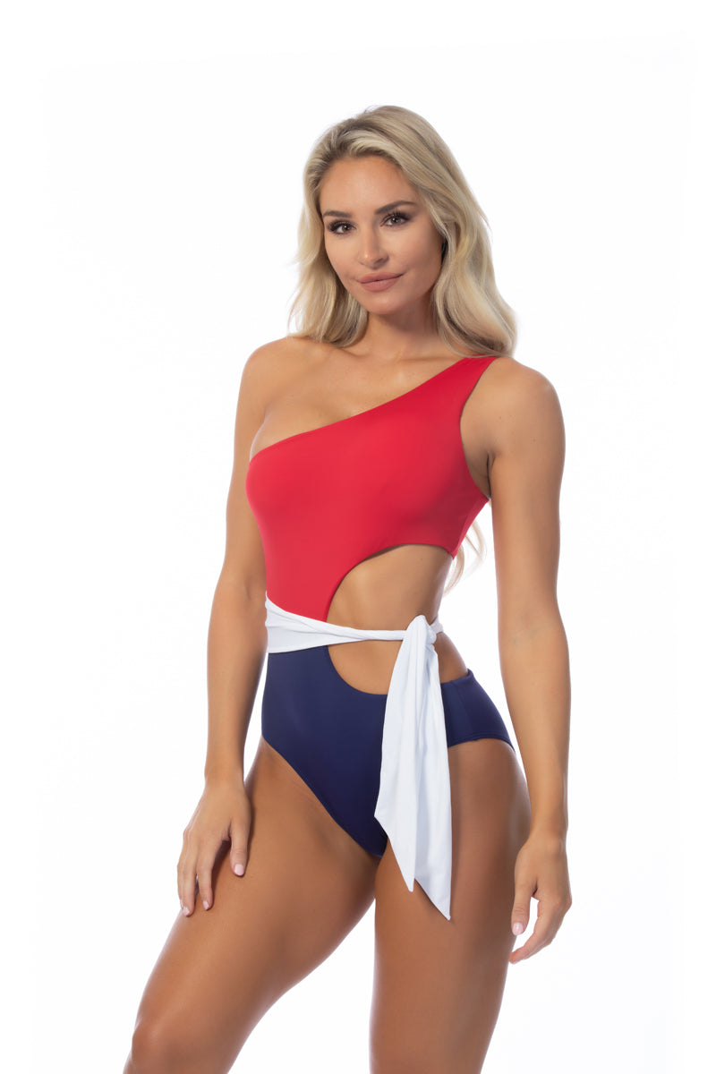 COLOR BLOCKING ONE SHOULDER CUTOUT ONE PIECE
