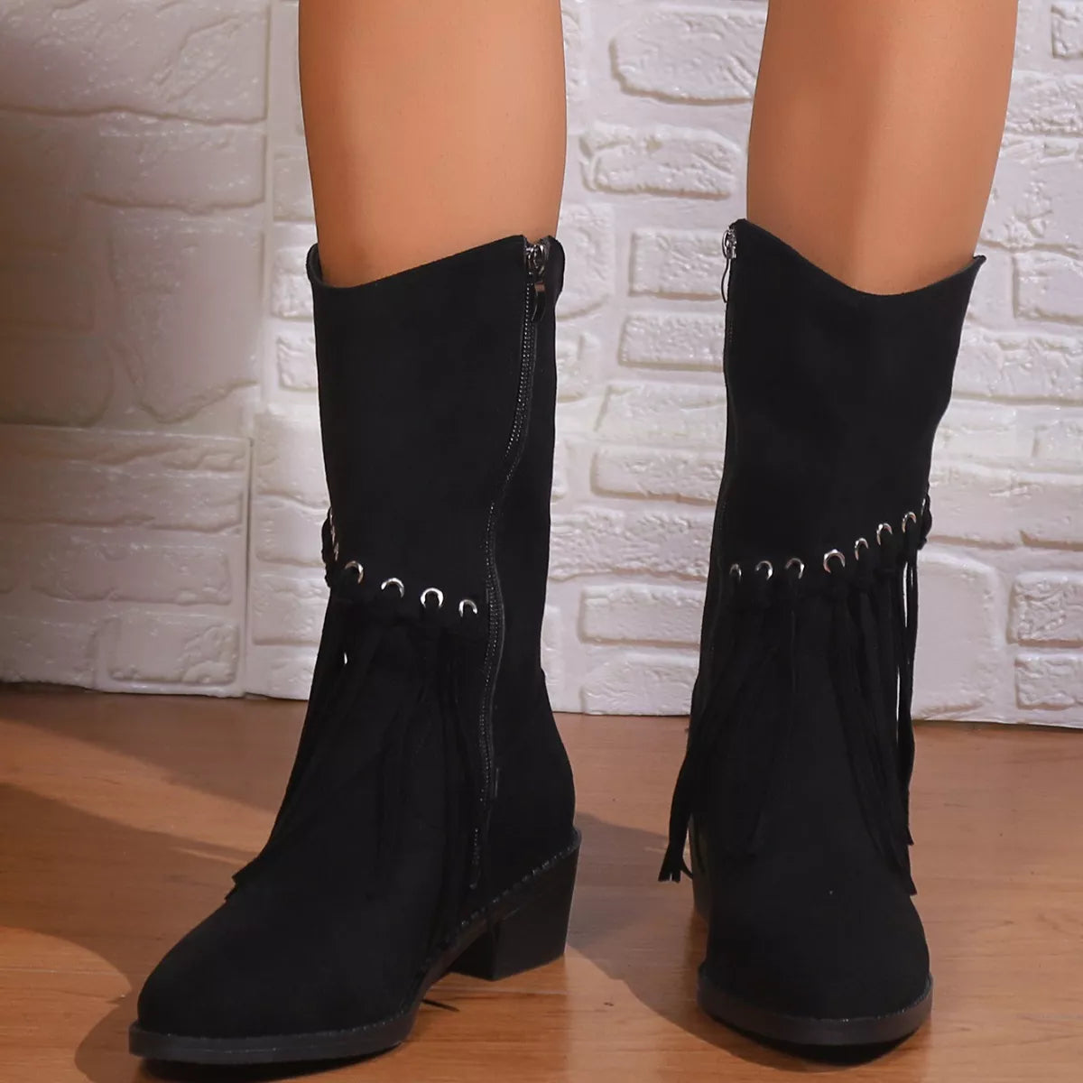 Fringe Western Block Heel Boots