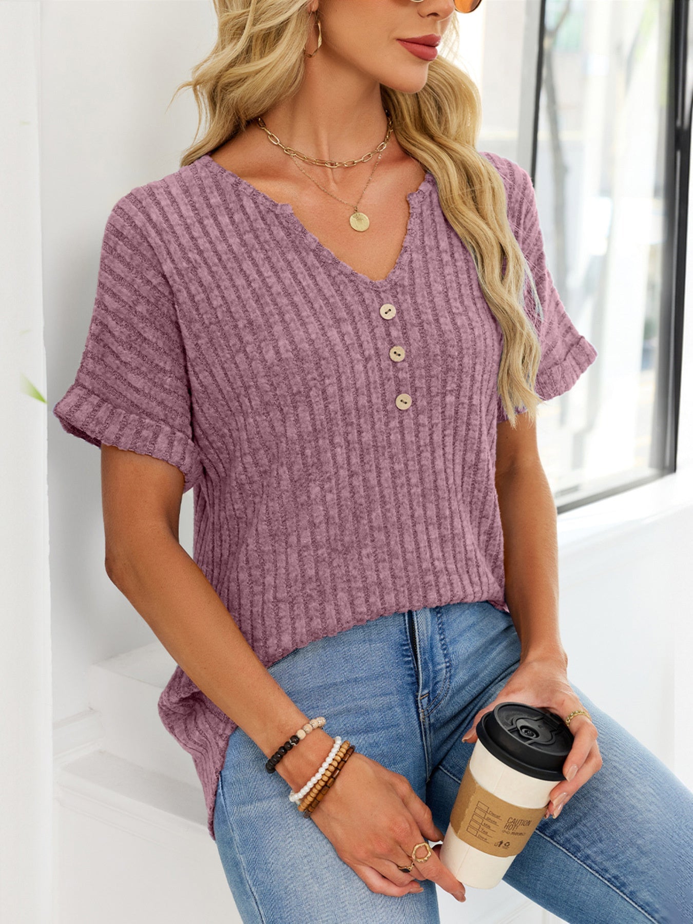 Women's Ribbed Knit Button V Neck Short Sleeve T Shirt