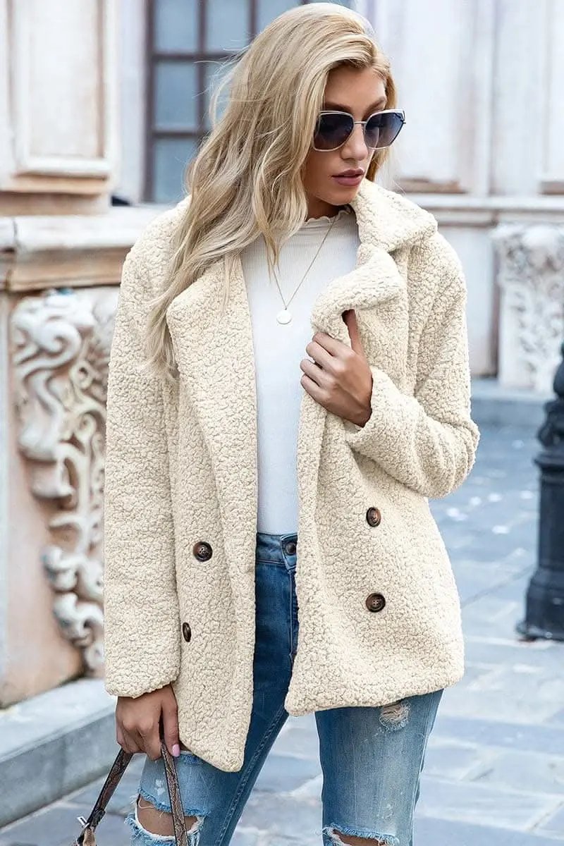 Love Salve Sherpa Coat with Faux Fur Lapel Collar