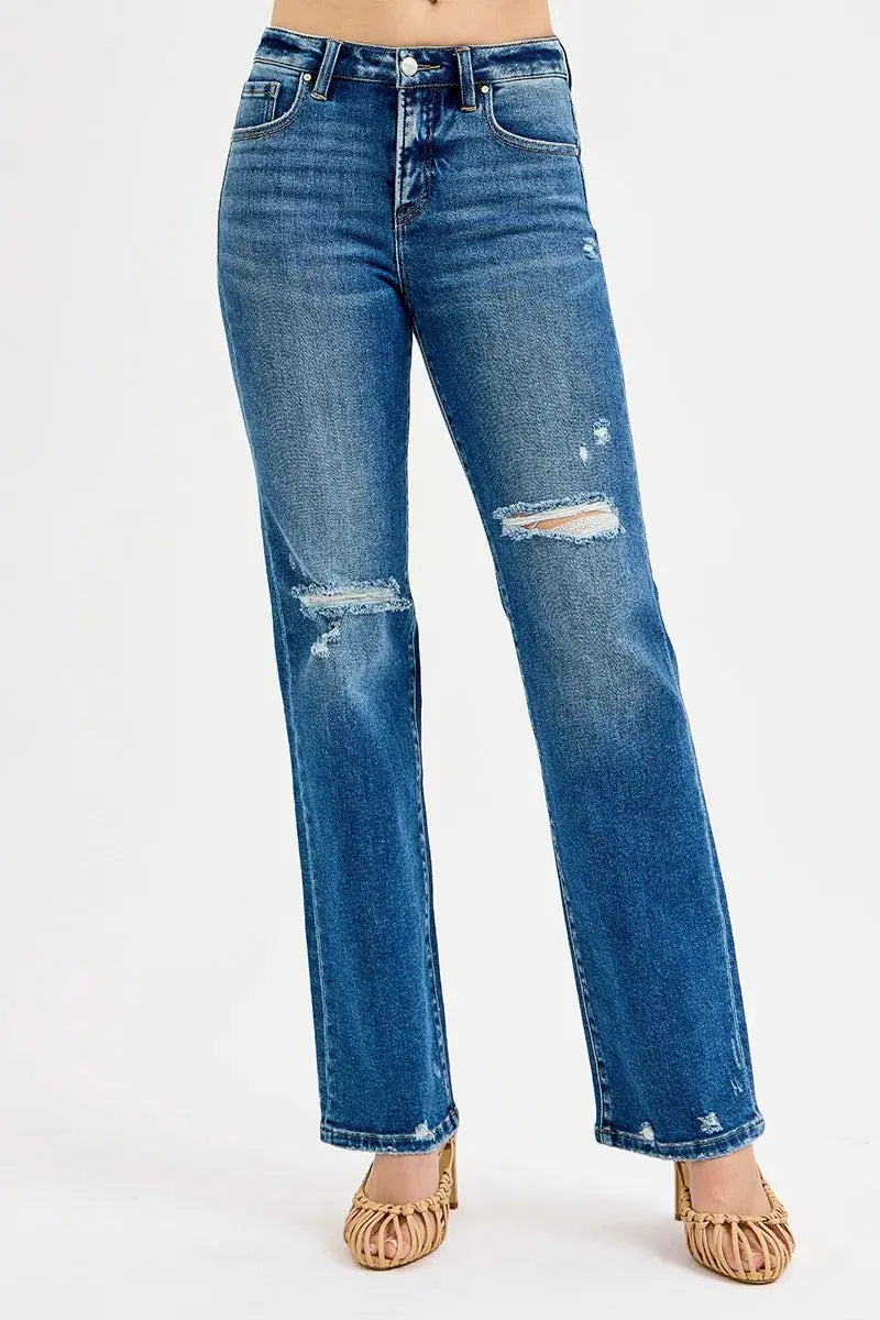 RISEN Jeans - Plus Size Tummy Control High Rise Straight Distressed Jeans