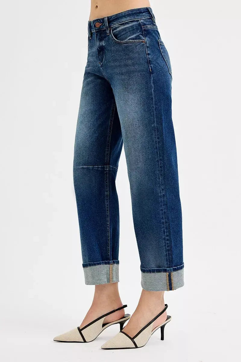 RISEN Jeans - Slouchy Crop Barrel Cuffed Jeans in Dark Wash