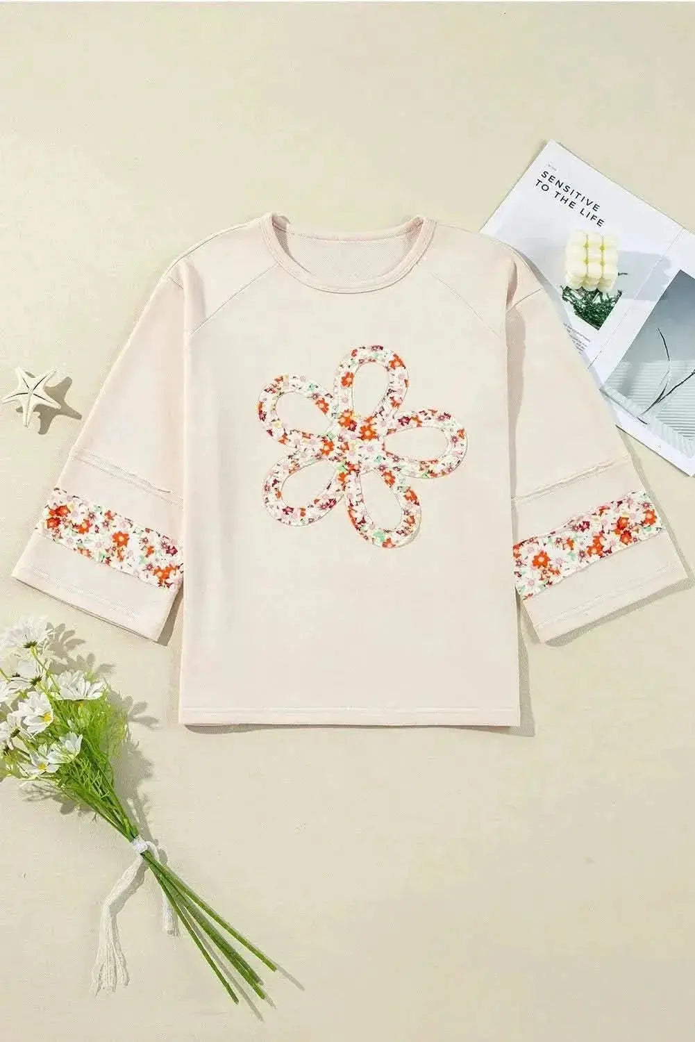 Shirts Trendsi Floral Blouse Women's Chic Round Neck Top Slits & Seams