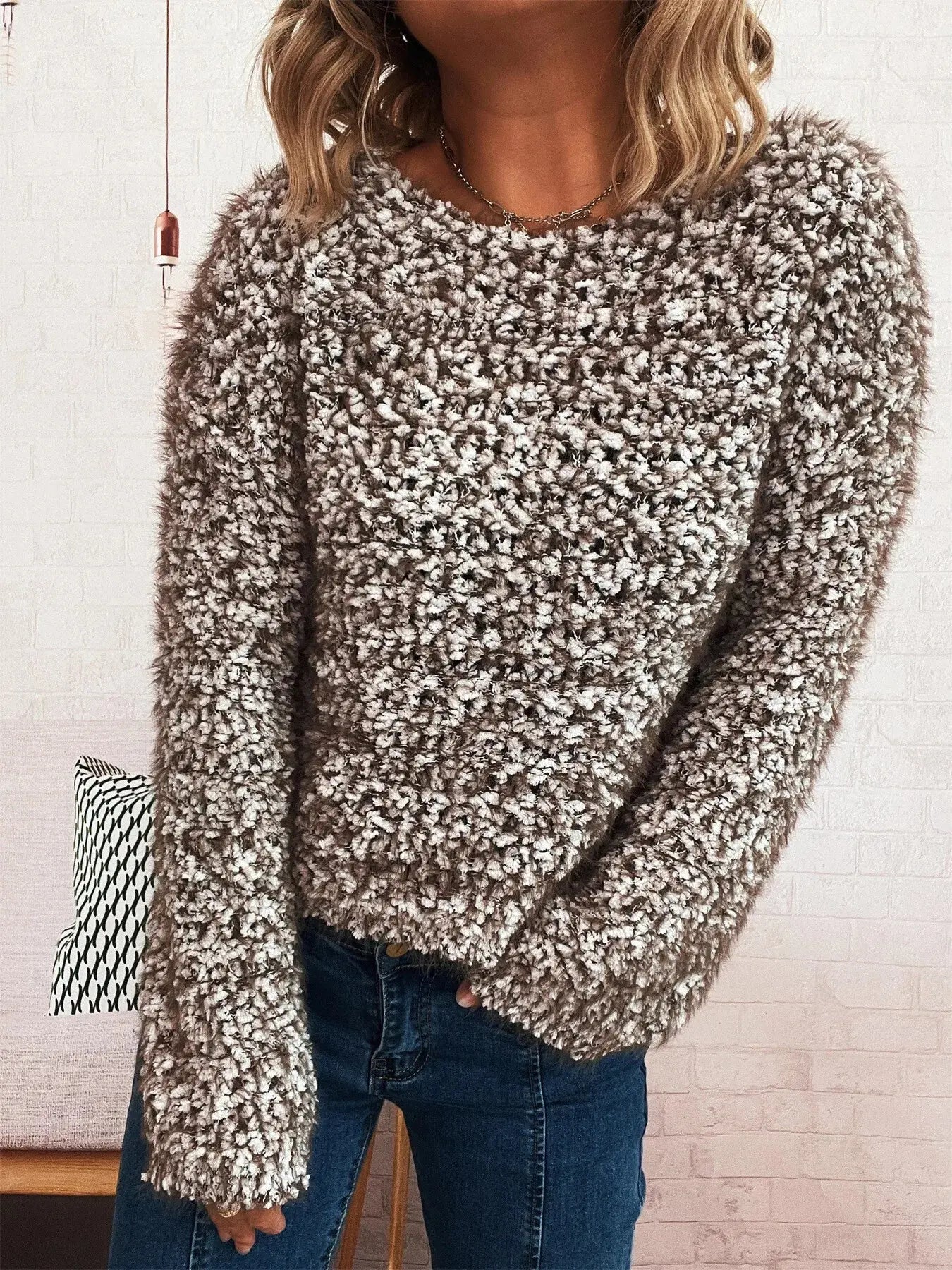 Crochet Dropped Shoulder Round Neck Sweater
