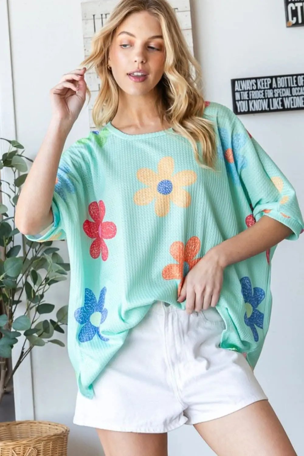 Shorts Trendsi Floral Waffle Tee Women's Everyday Oversized T-Shirt Soft & Comfy