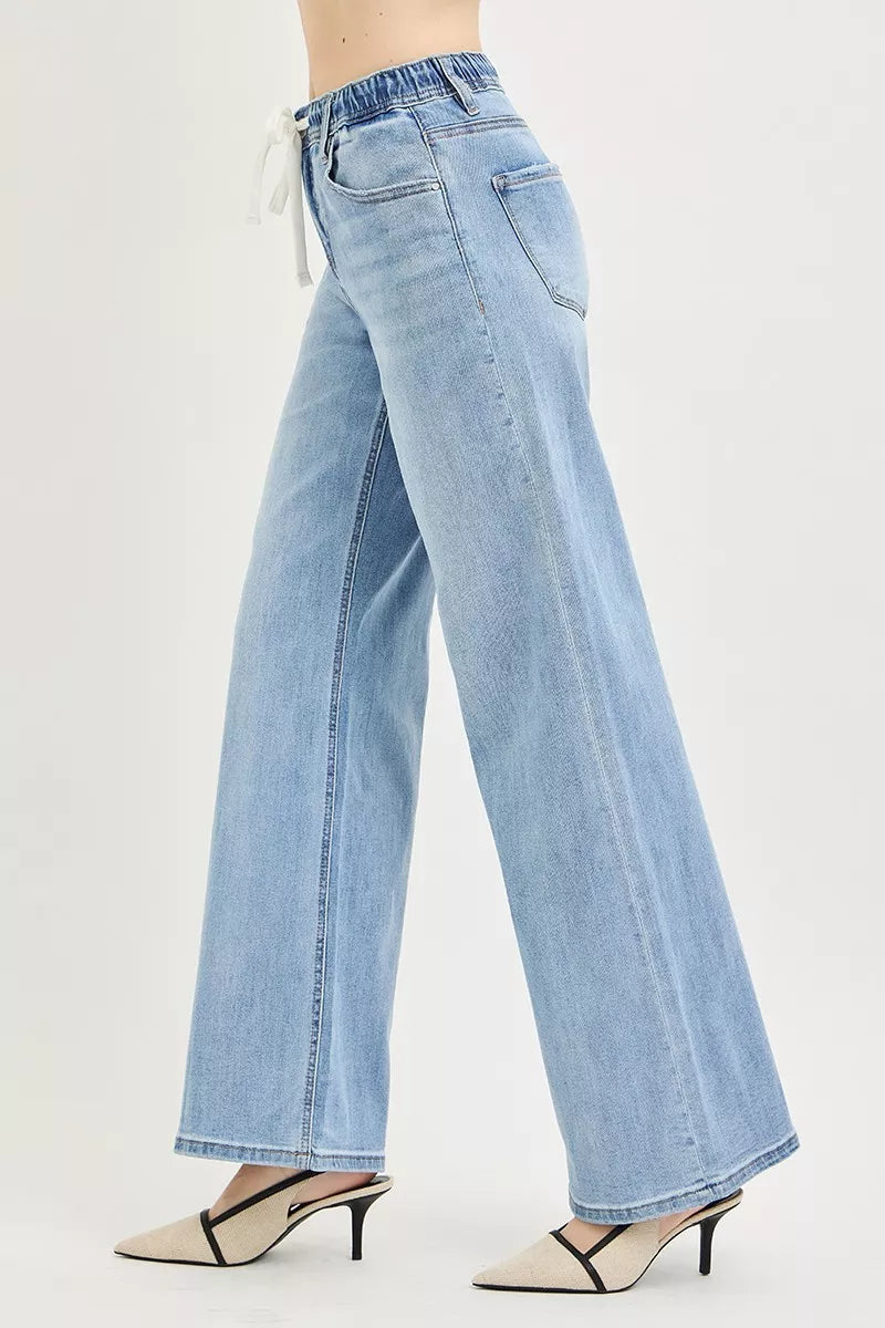 RISEN Elastic Band Slouchy Wide Leg Jeans with Drawstring