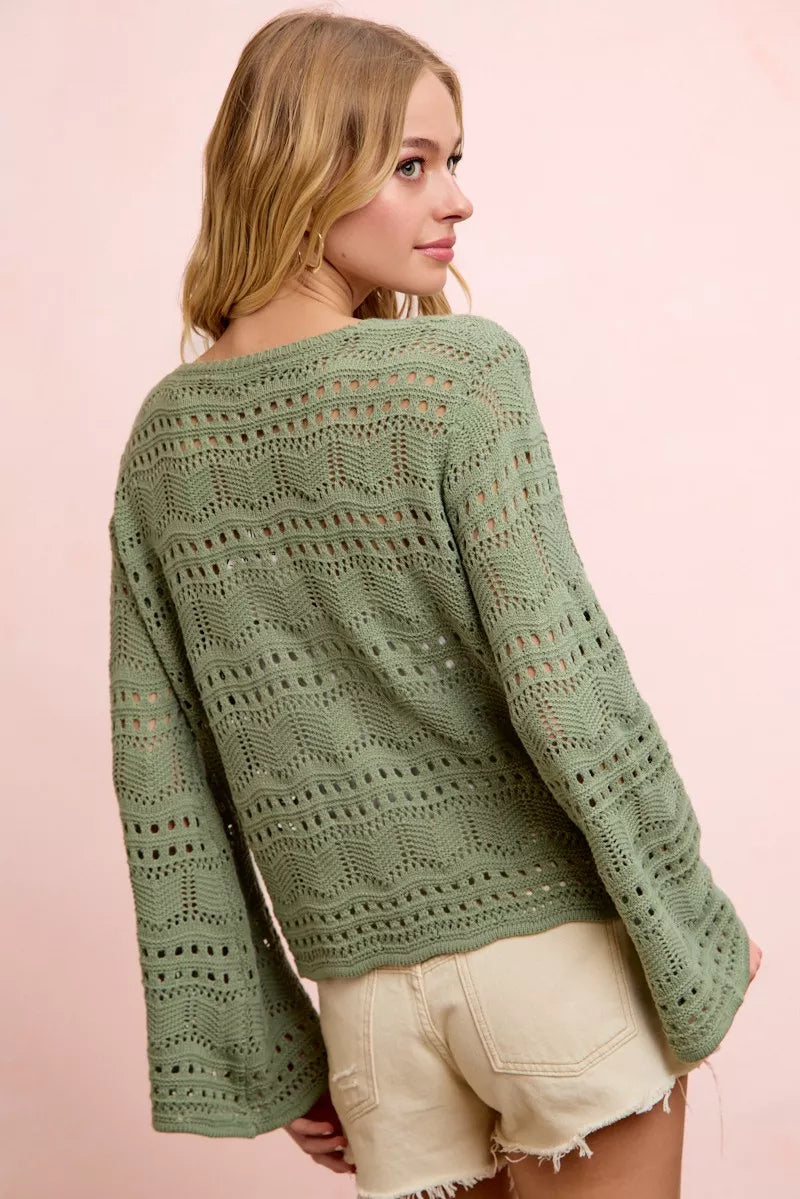 Green Pointelle Knit V Neck Ruched Front Lightweight Top
