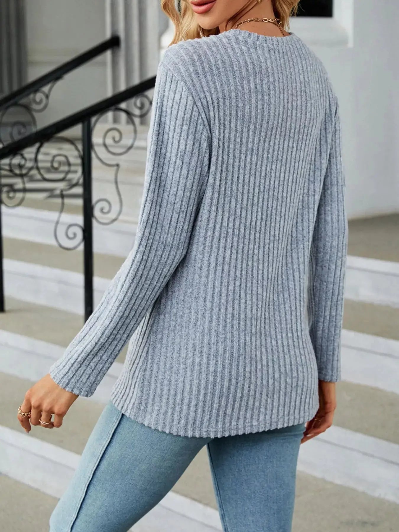 Decorative Button Ribbed Knit T Shirt