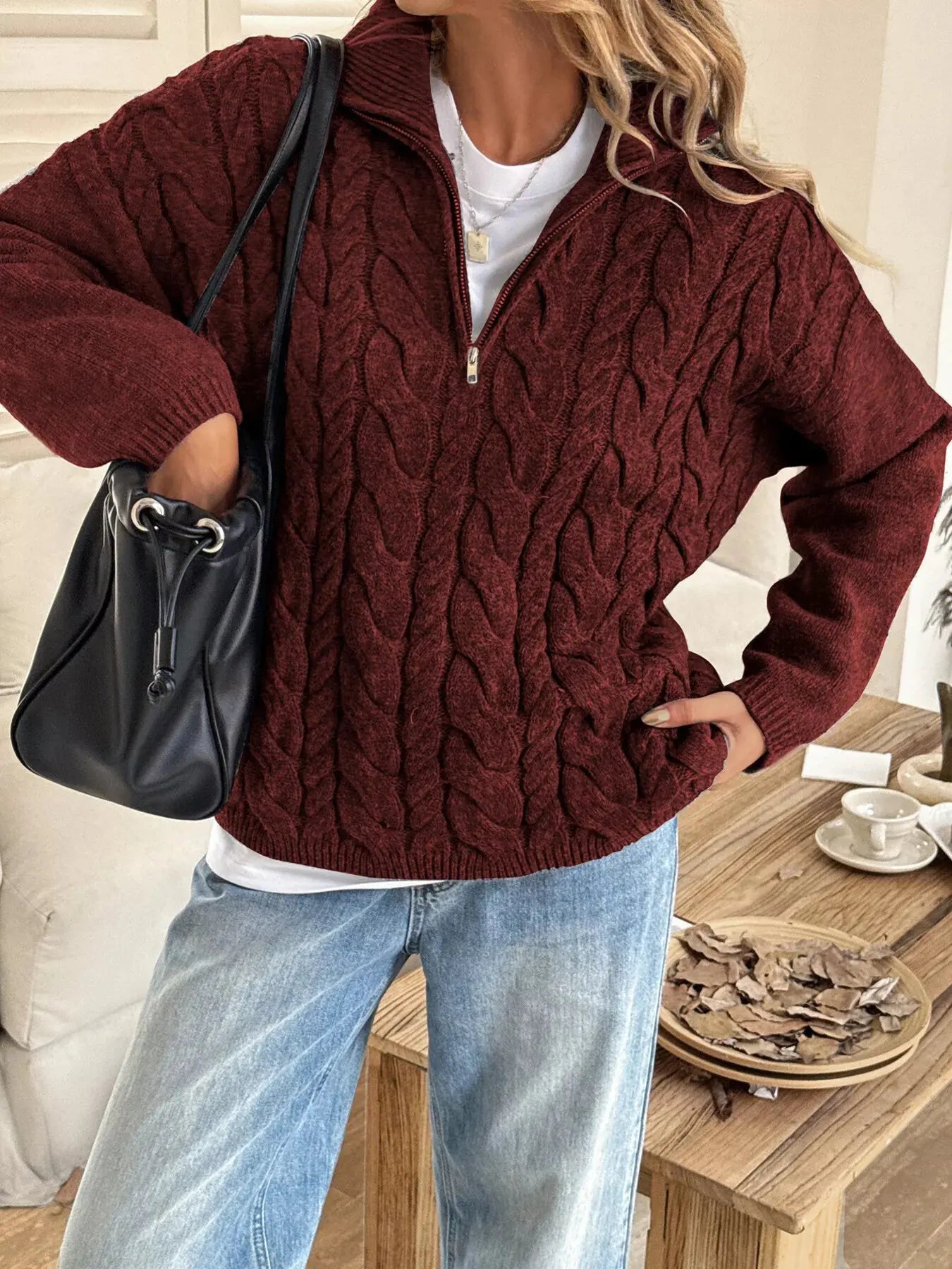 Zip Collar Cable Knit Sweater