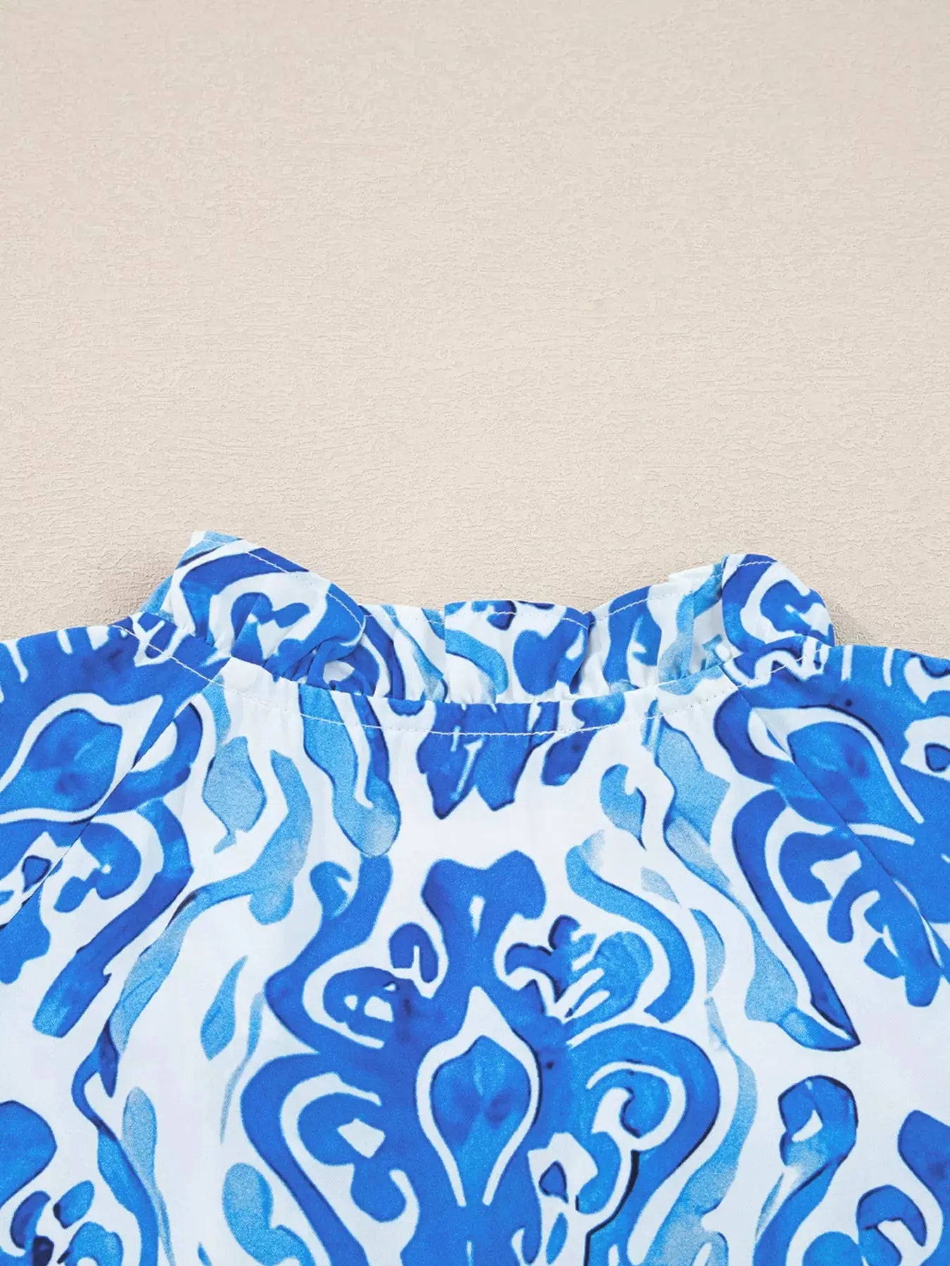 Printed Tie Split Neck Button Front Puff Sleeve Top