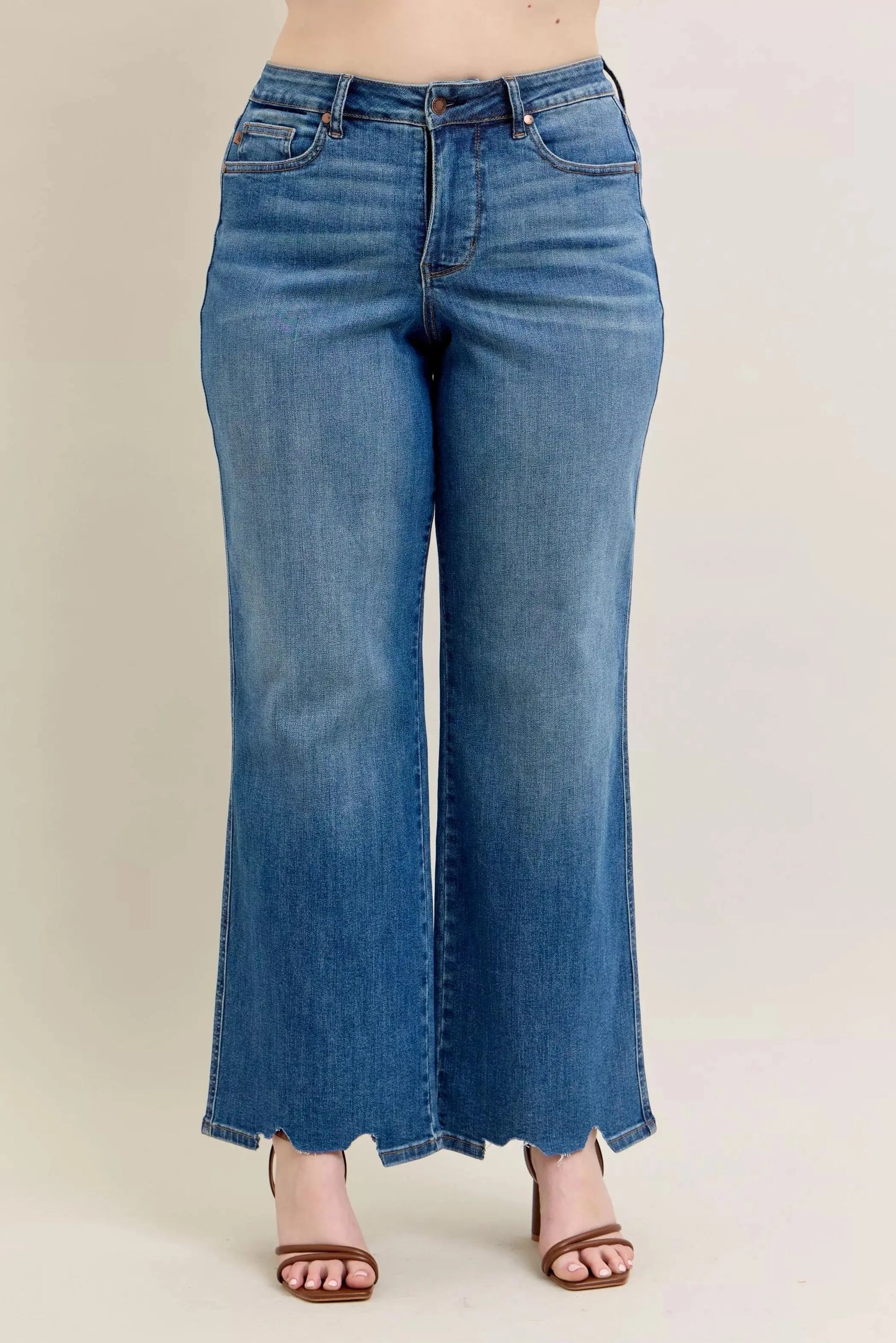 Judy Blue Full Size High Waist Tummy Control Destroy Wide Leg Jeans with Chew Hem