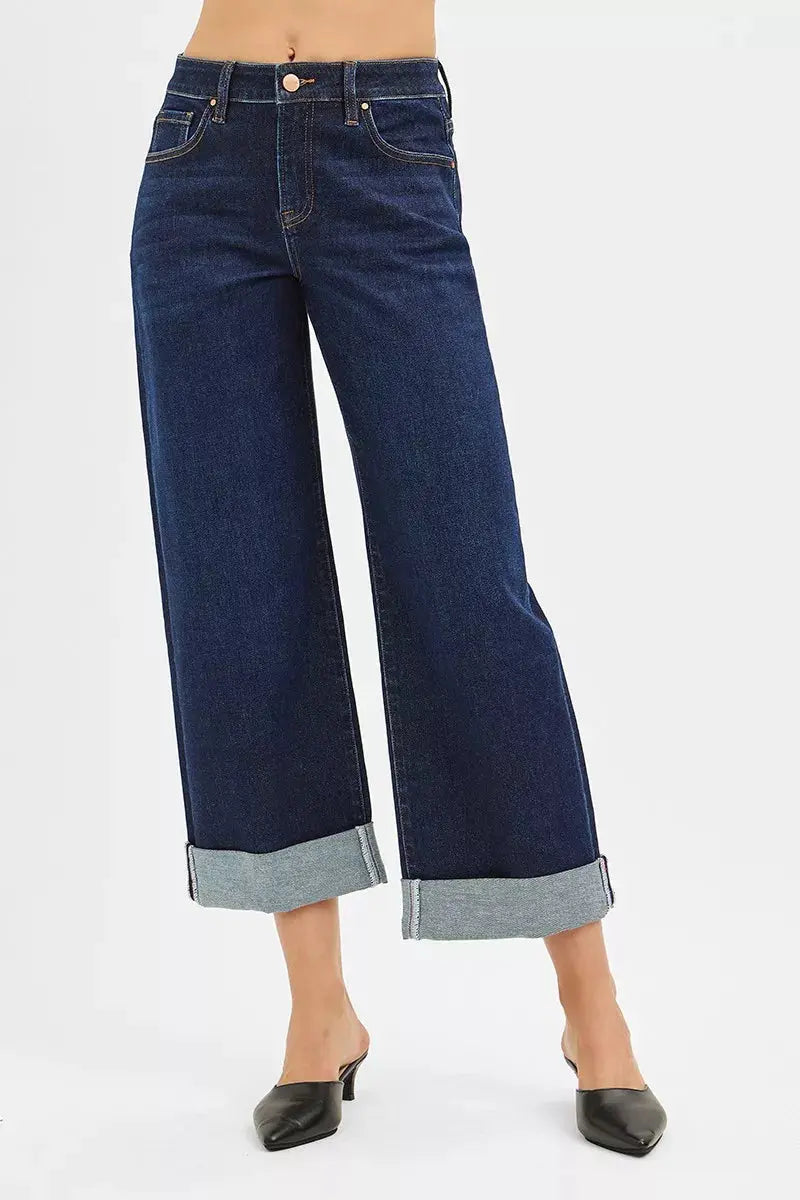 RISEN Jeans - Mid Rise Fit Ankle Wide Roll Up Jeans