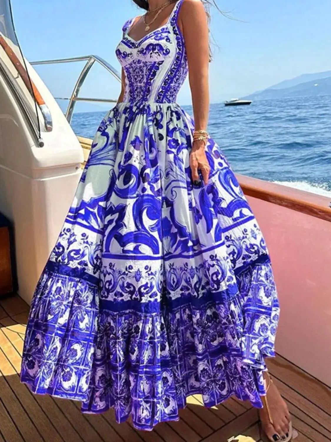 Smocked Blue Tile Print Wide Strap Midi Dress