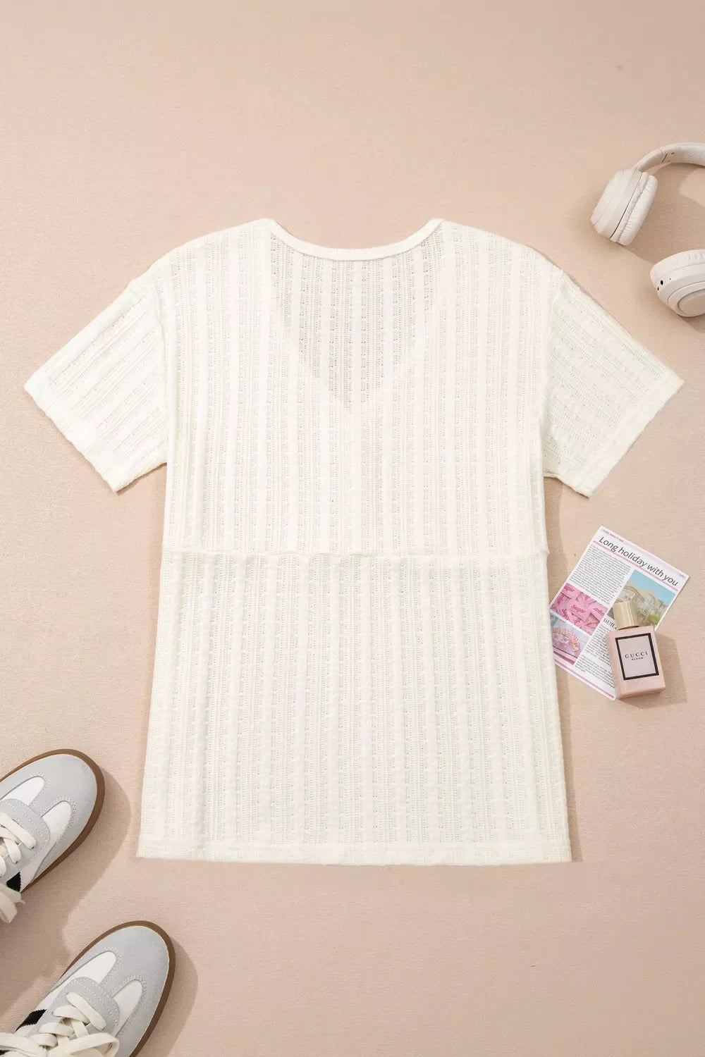 Ribbed Knit Button Detail V Neck T Shirt
