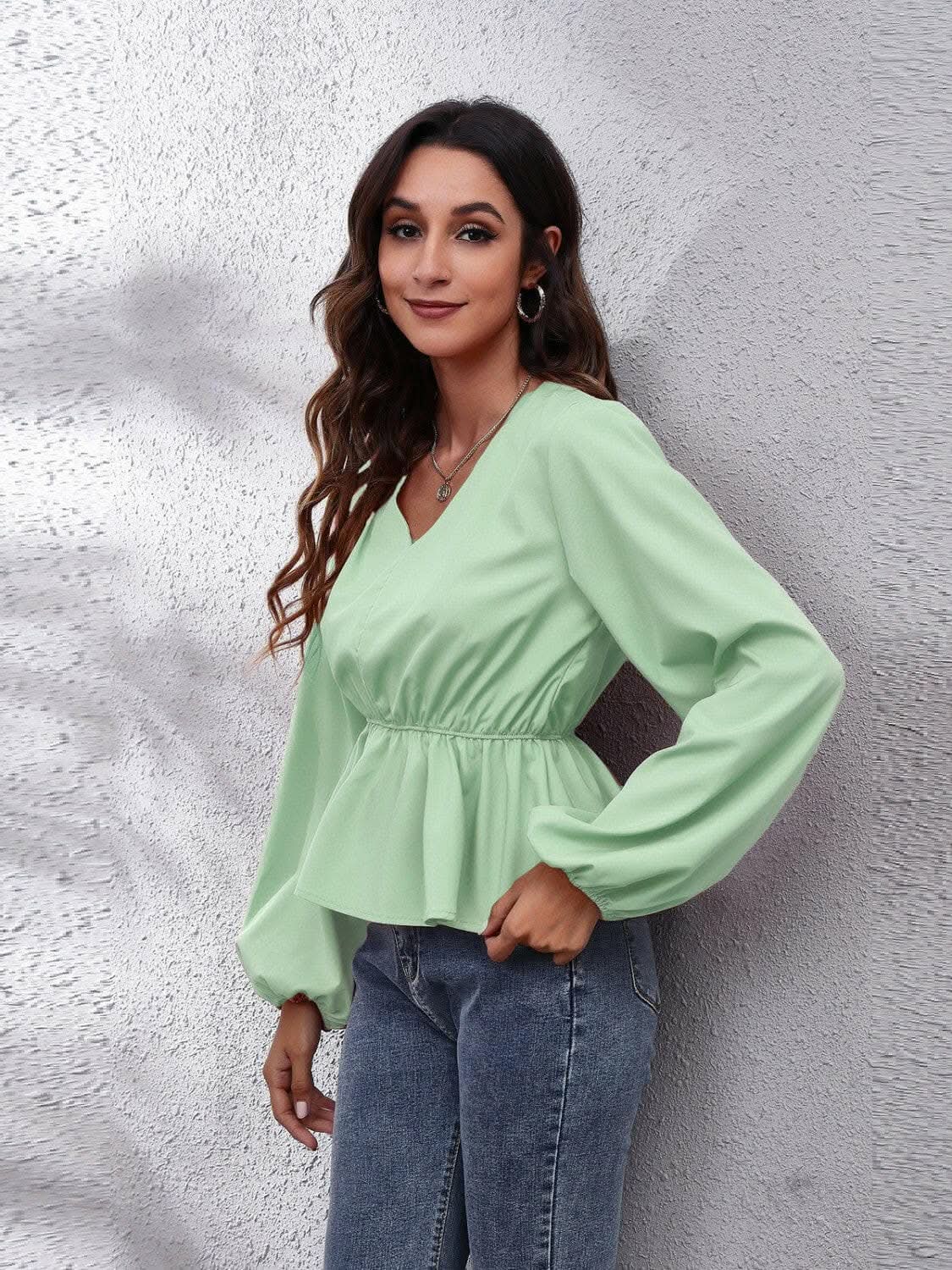 Women's Peplum Blouse V-neck Peplum Top - Elegant with Sleeves