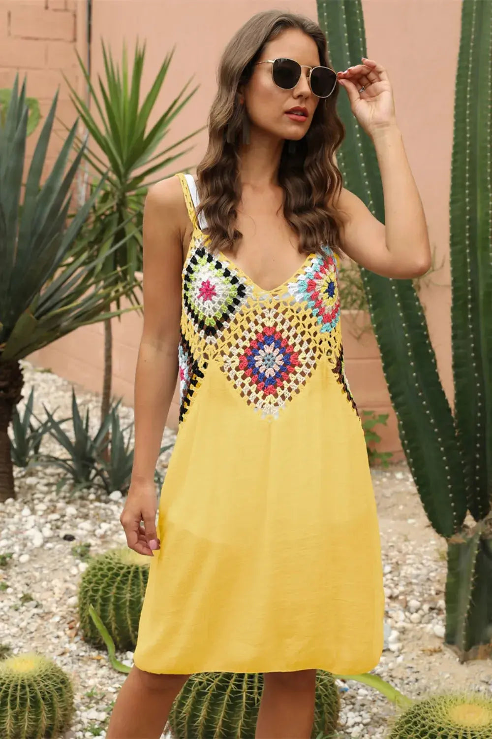 Crochet Geometric V-Neck Spaghetti Strap Cover Up Dress