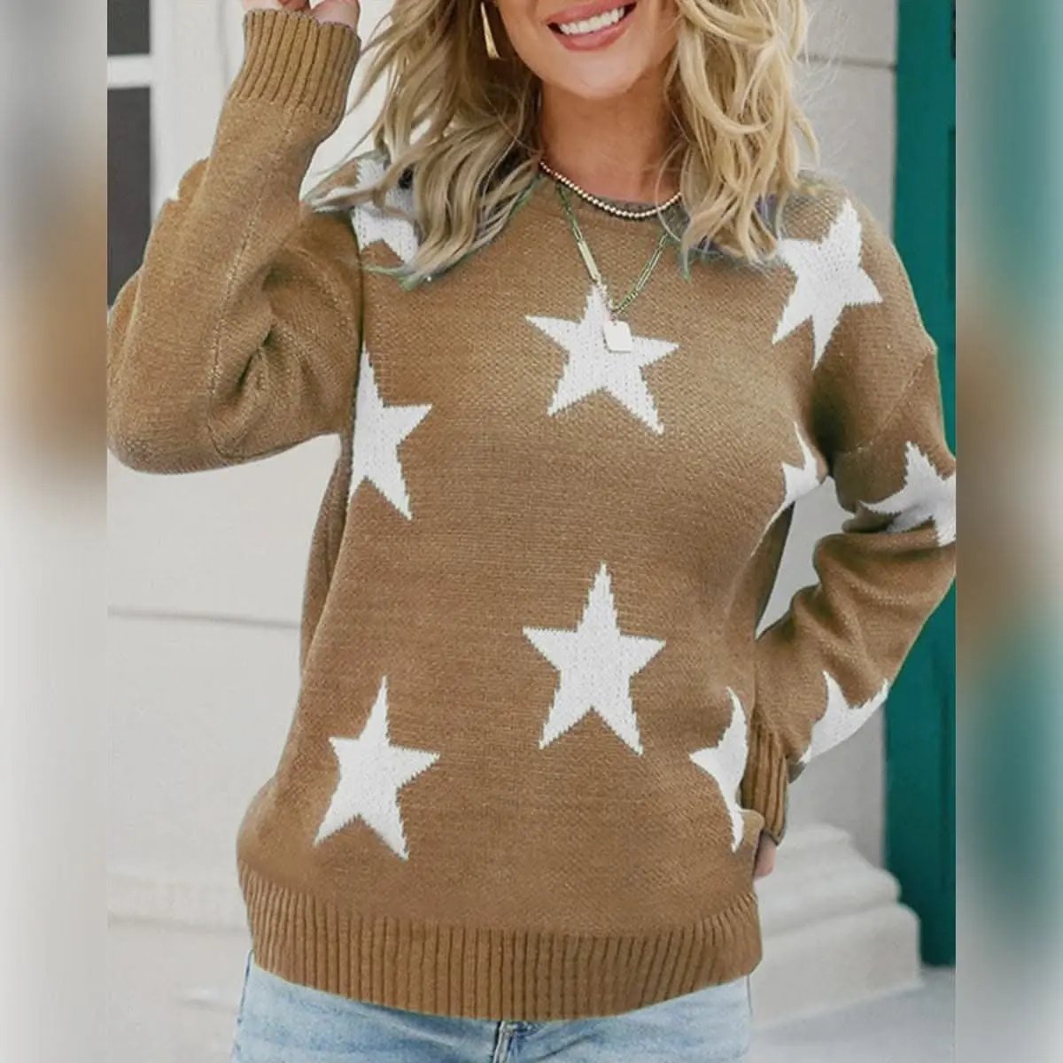 Star Print Acrylic Knit Pullover Sweater by Trendsi