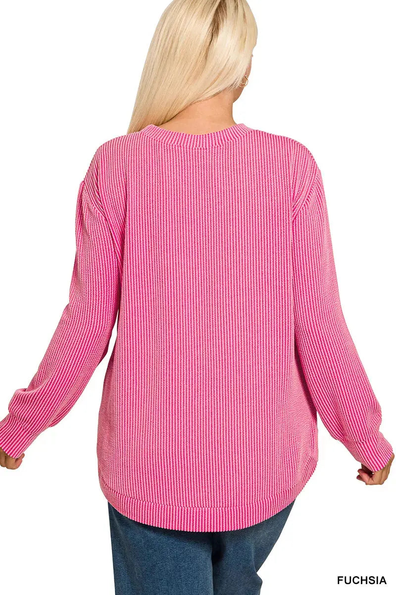 Zenana Plus Size Raised Rib Round Neck Long Sleeve Top
