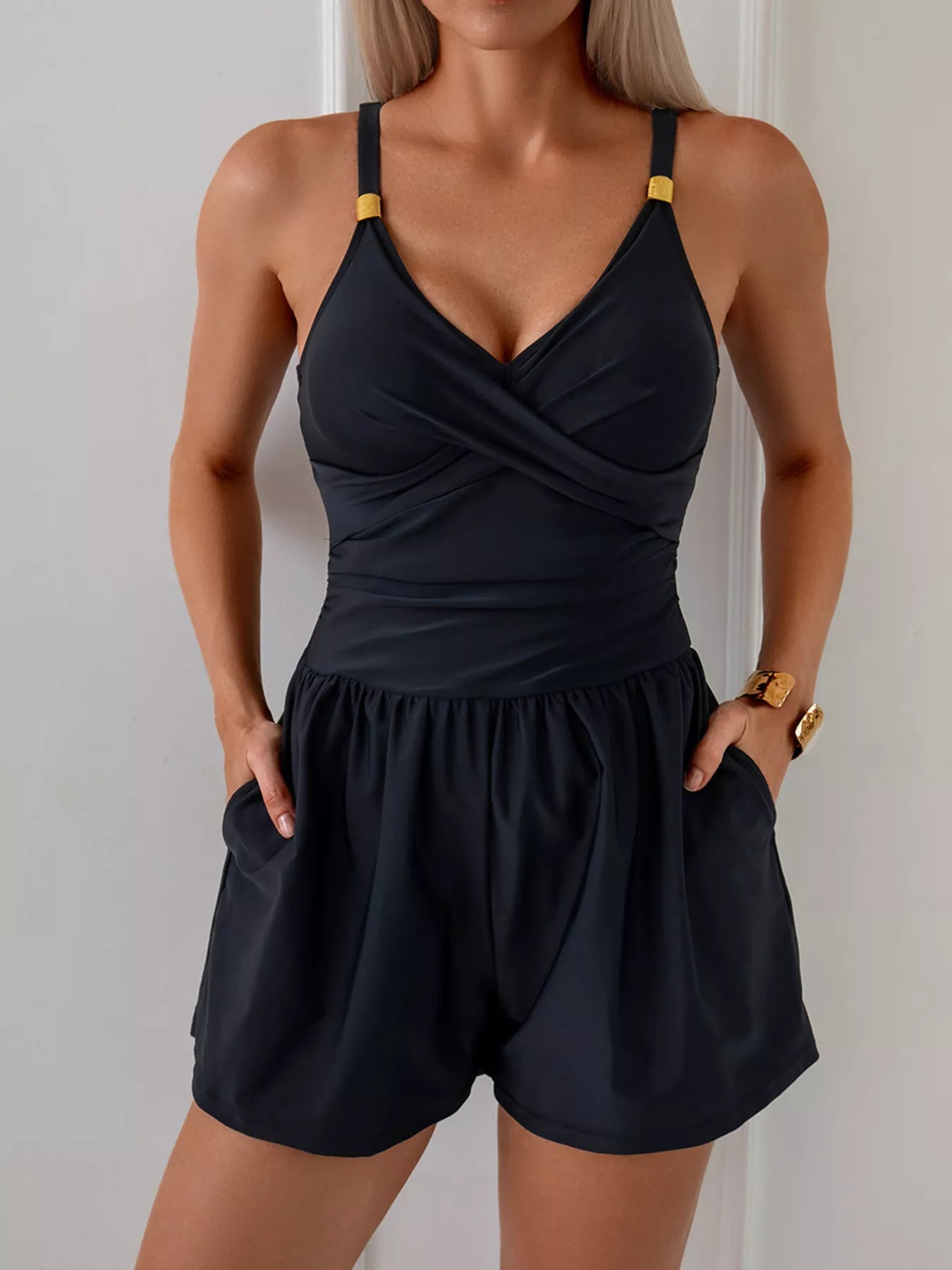 V Neck Spaghetti Strap One Piece Swimsuit