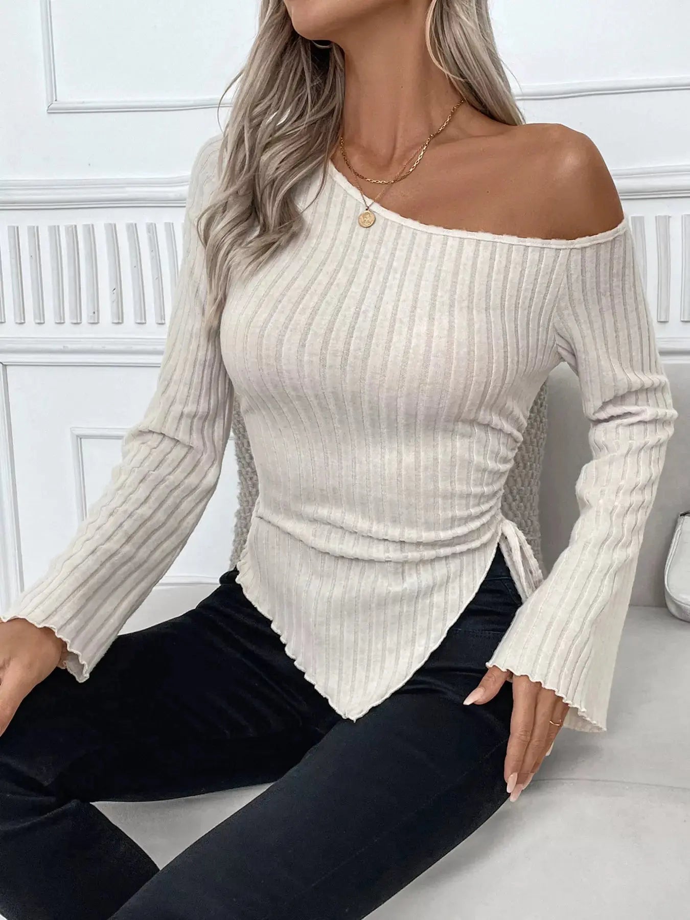 Ribbed Asymmetrical Hem One Shoulder T Shirt