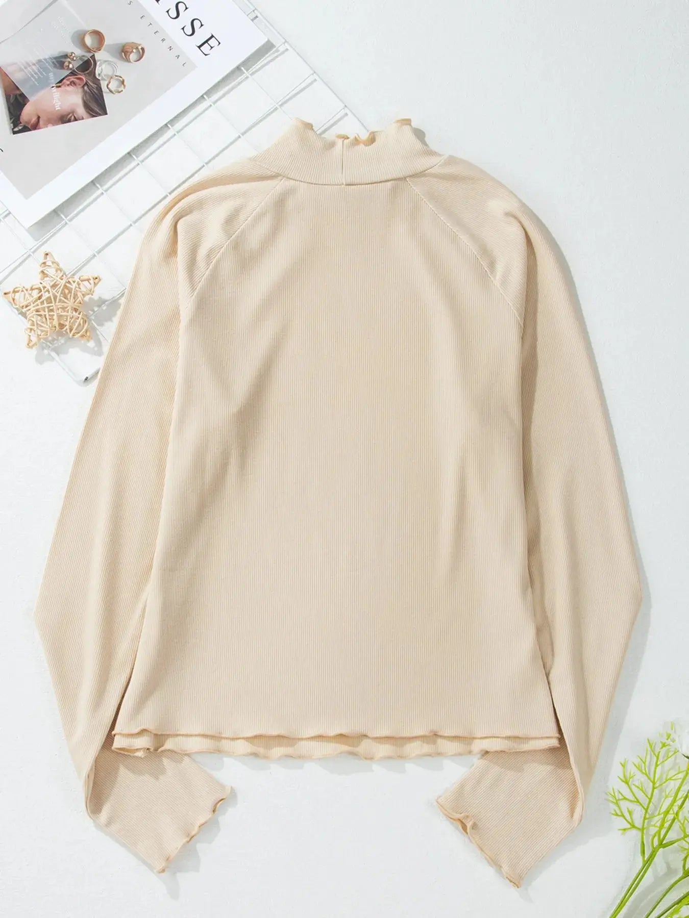 Ribbed Knit Lettuce Trim Long Sleeve Mock Neck Top