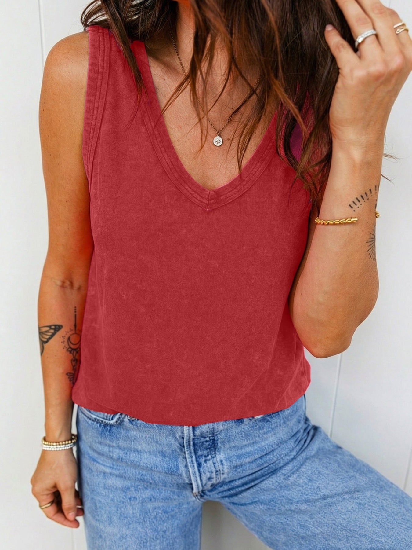 Mineral Washed V Neck Cotton Tank Top