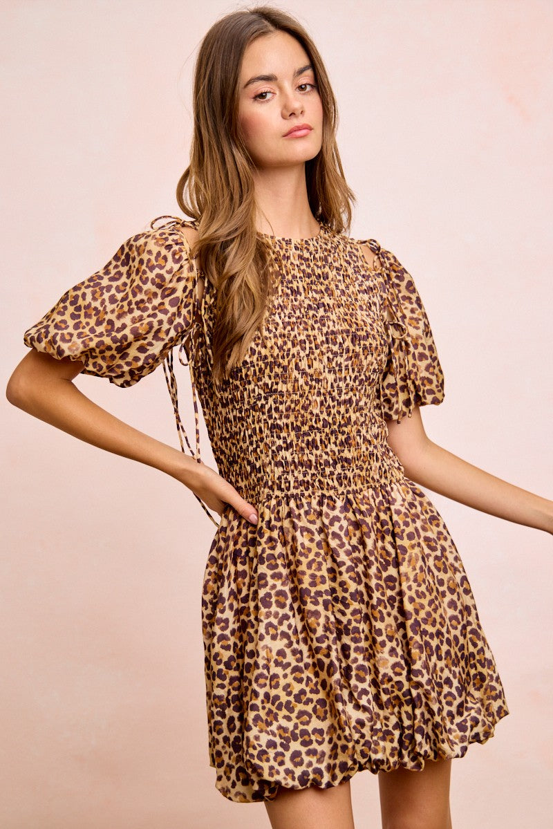 Leopard Print Dress With Attachable Puff Sleeves