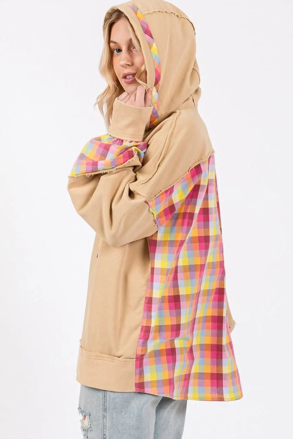 Jackets Trendsi SAGE+FIG Plaid Hoodie Women's Casual Comfy Washed Pullover