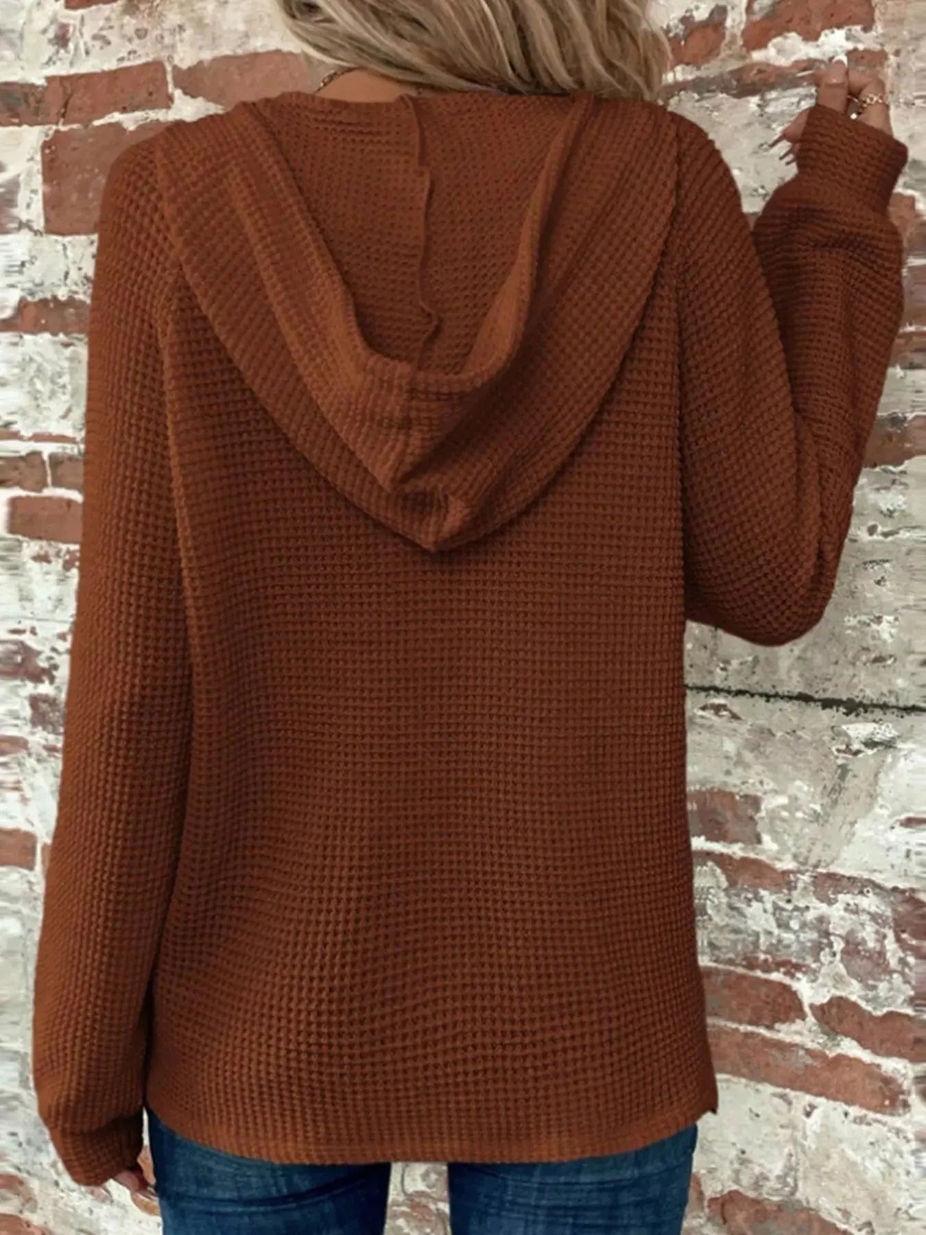 Casual Button Detail Waffle Knit Hoodie