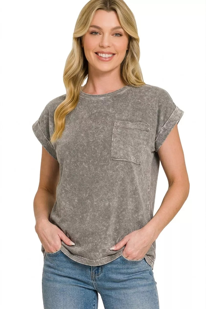 Zenana Halo Snow Washed Cuffed Short Sleeve Shirt