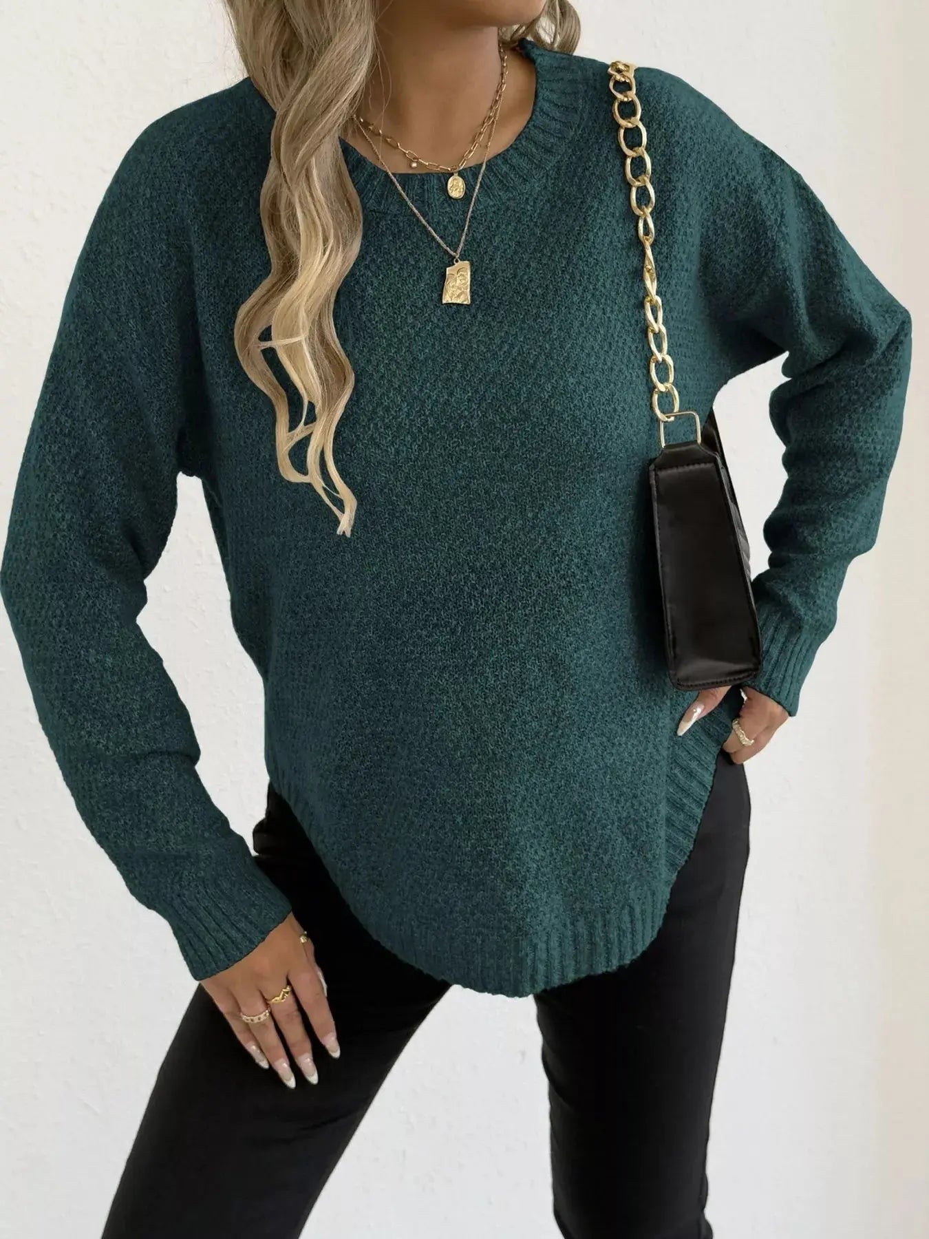 Round Neck Textured Knit Relaxed Fit Sweater