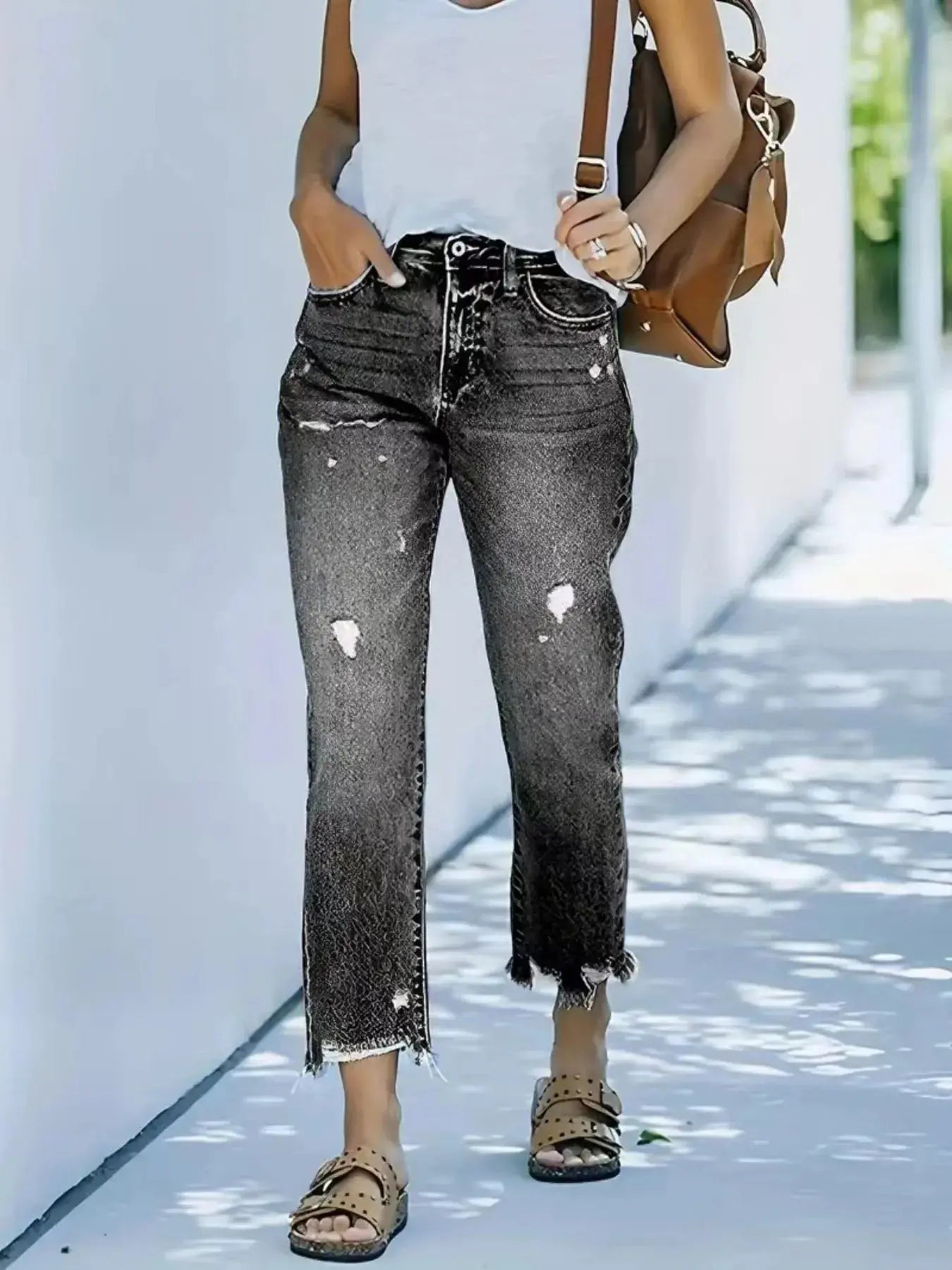 Distressed Straight Leg Jeans with Raw Hems