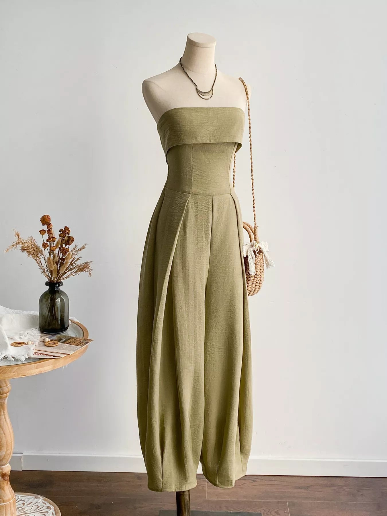 Khaki Wide Leg Tube Jumpsuit