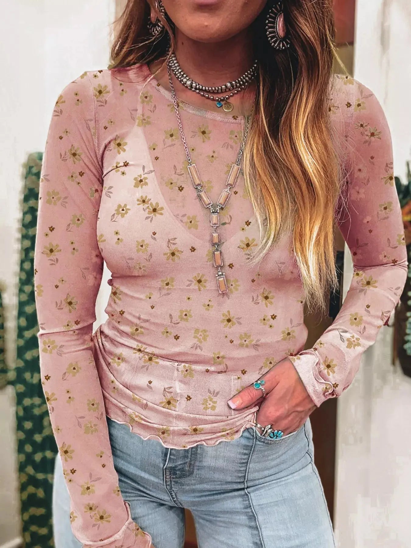 Floral Print Mesh Long Sleeve Top