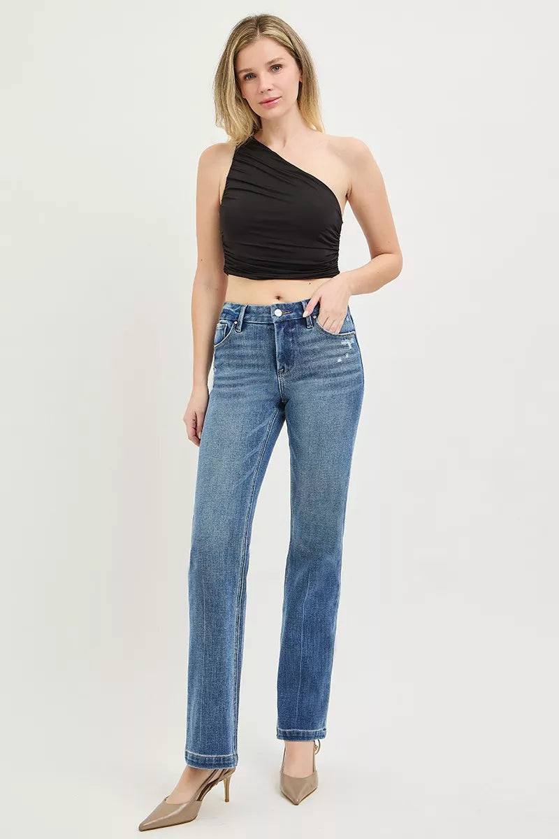 RISEN Tummy Control 4-Way Stretch Mid Rise Straight Jeans with Crease Line Detailing