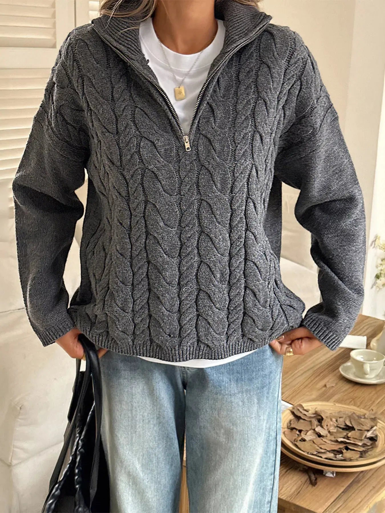 Zip Collar Cable Knit Sweater