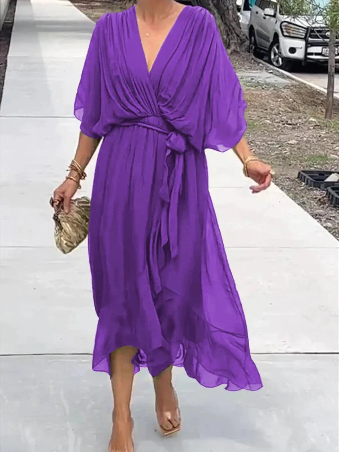 Flowy Tie Front Midi Dress with Flutter Sleeves