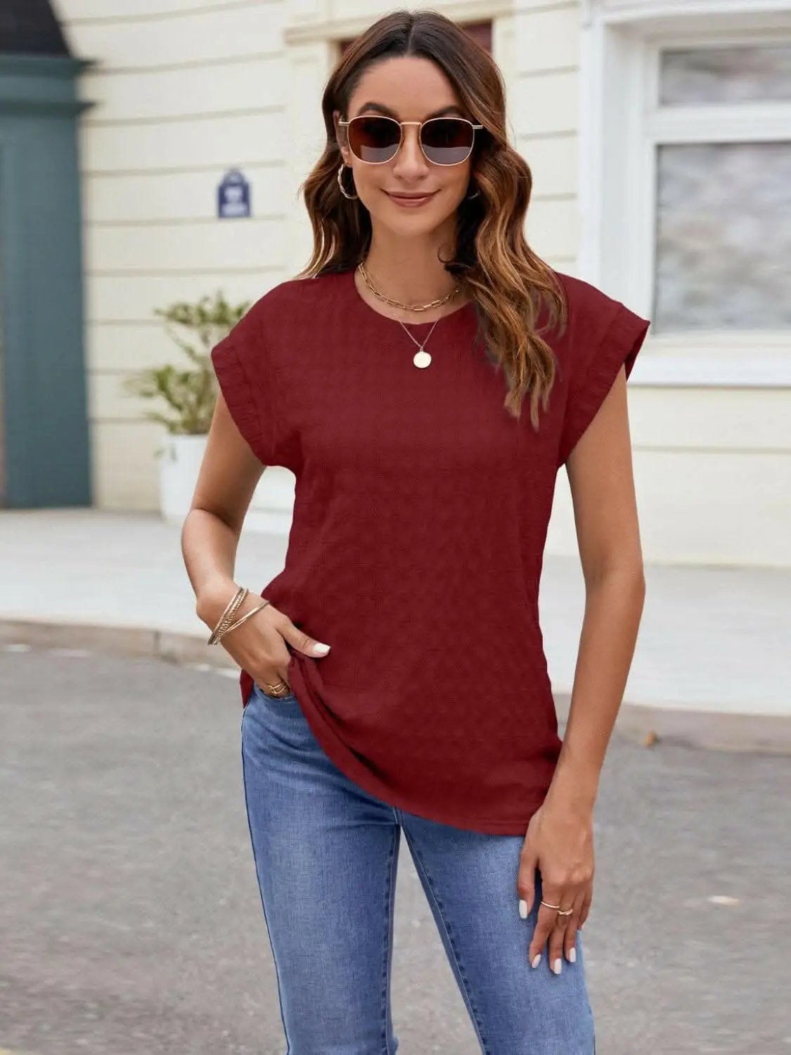 T-Shirts Trendsi just arrived - Textured cap sleeve t-shirt