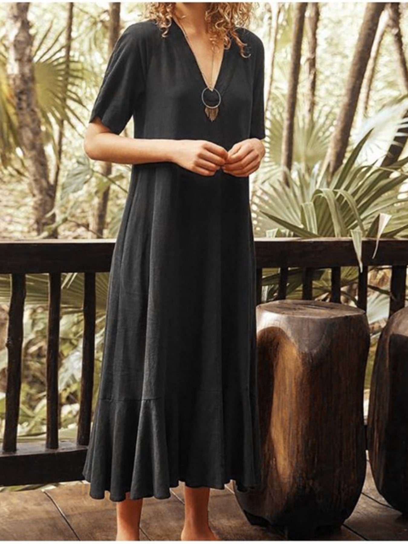 V Neck Short Sleeve Dress with Pockets