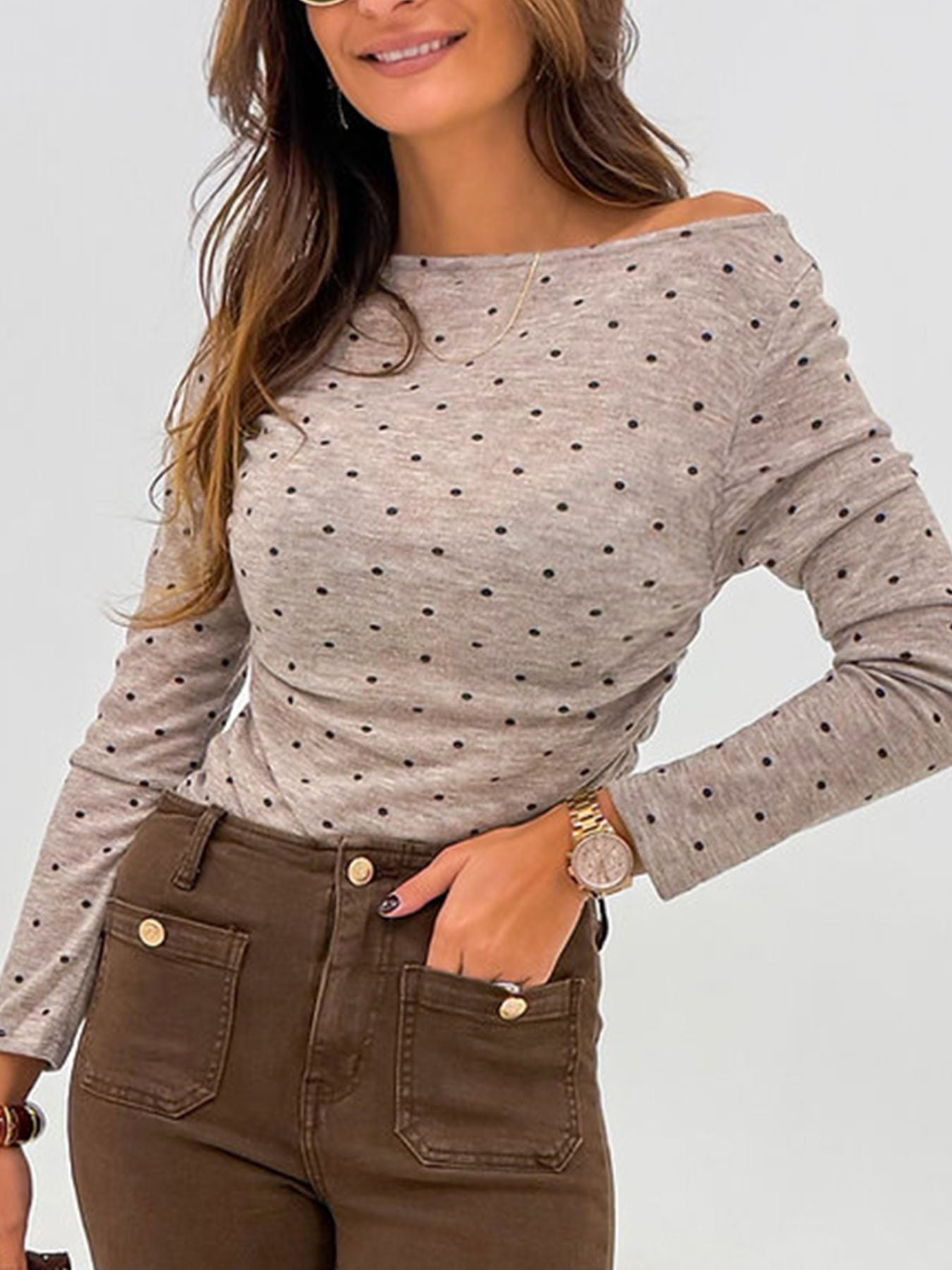 Polka Dot Boat Neck Knit Long Sleeve Shirt