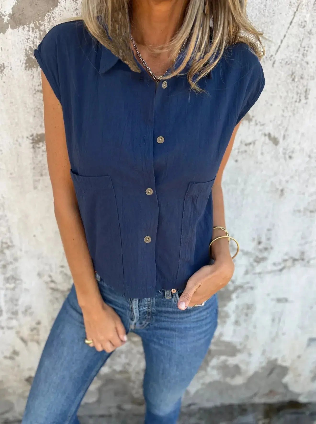 Full Size Cap Sleeve Button Down Linen Shirt