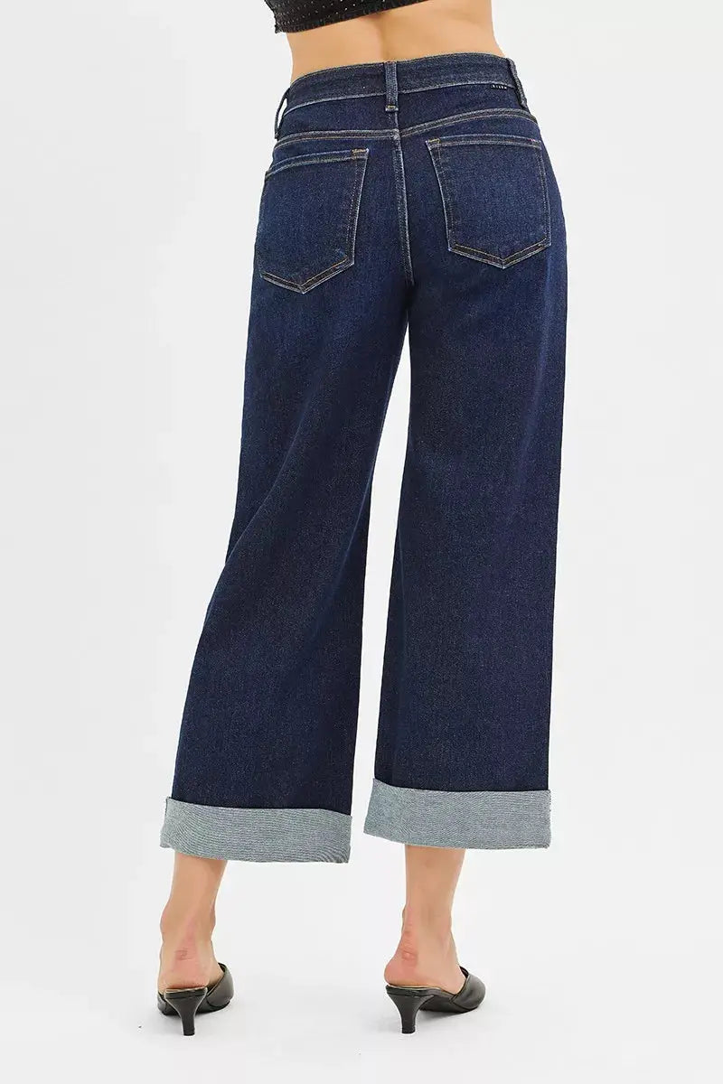 RISEN Jeans - Mid Rise Fit Ankle Wide Roll Up Jeans