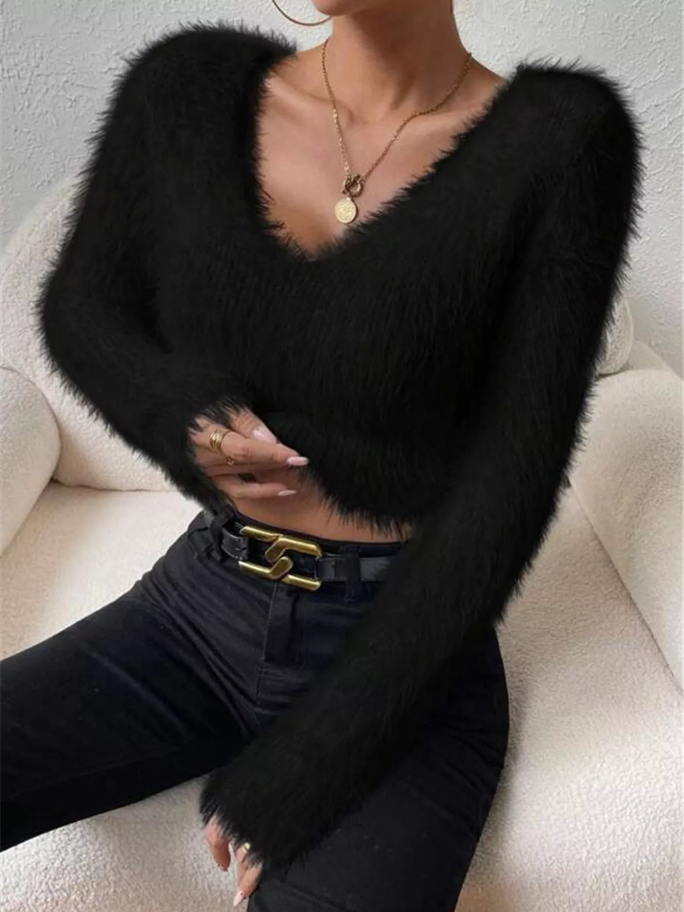 Fluffy Knit V Neck Sweater
