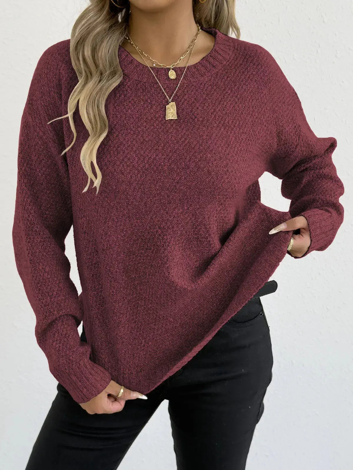 Round Neck Textured Knit Relaxed Fit Sweater